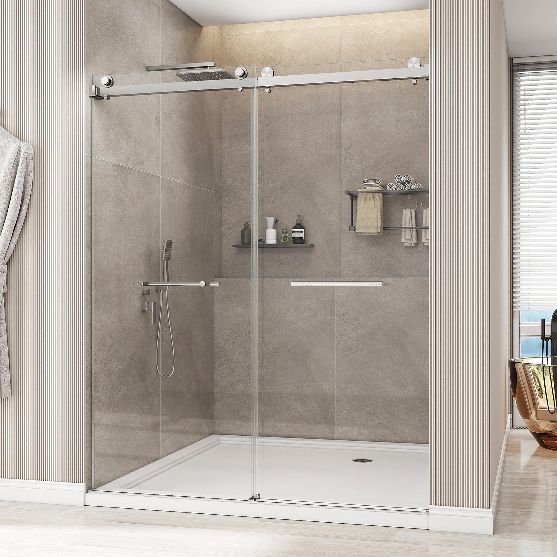 HENGWESS Brushed Nickel double sliding shower door — B0GHP1H4FL, product view