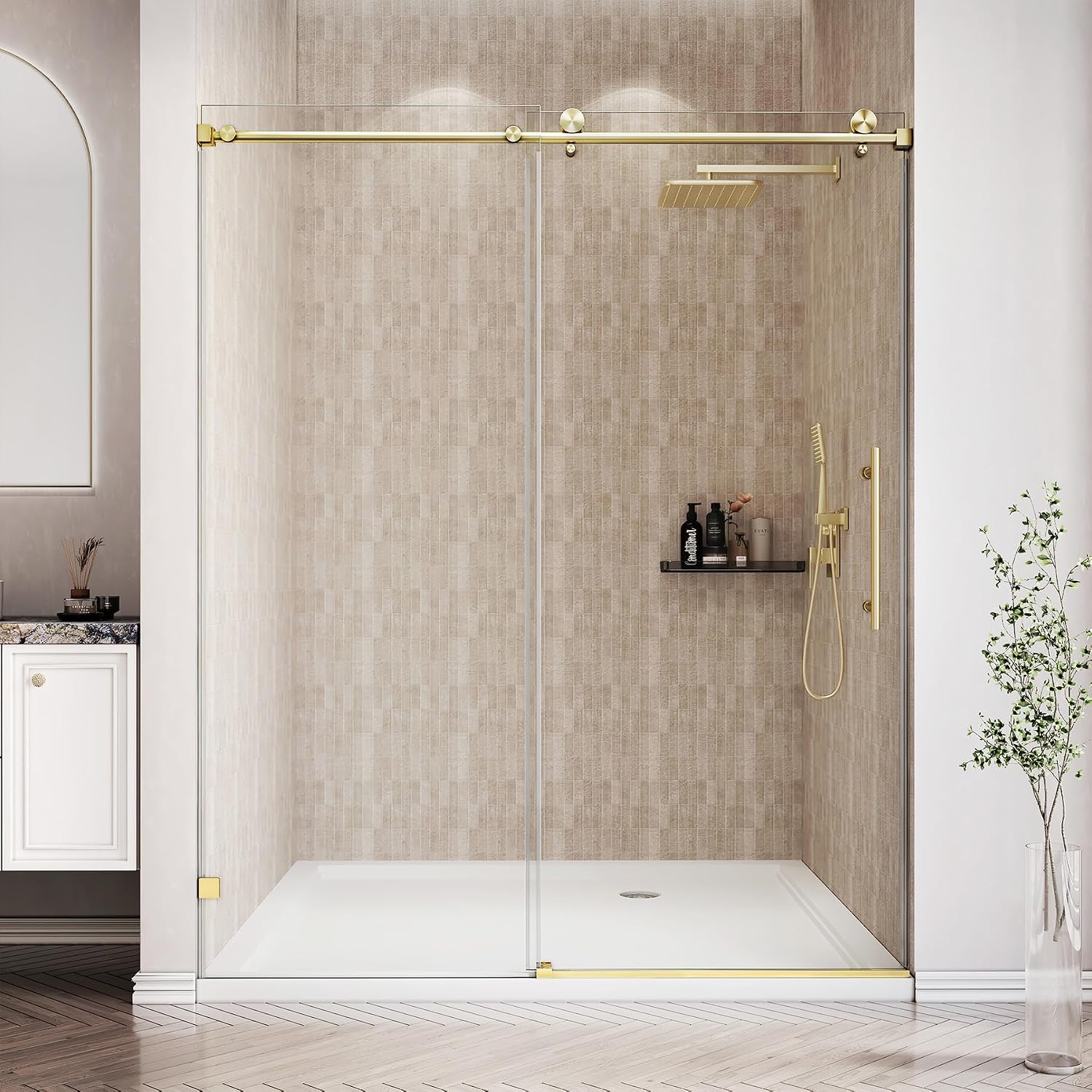 HENGWESS Brushed Gold single sliding shower door — B0GHP1HTXV, full view